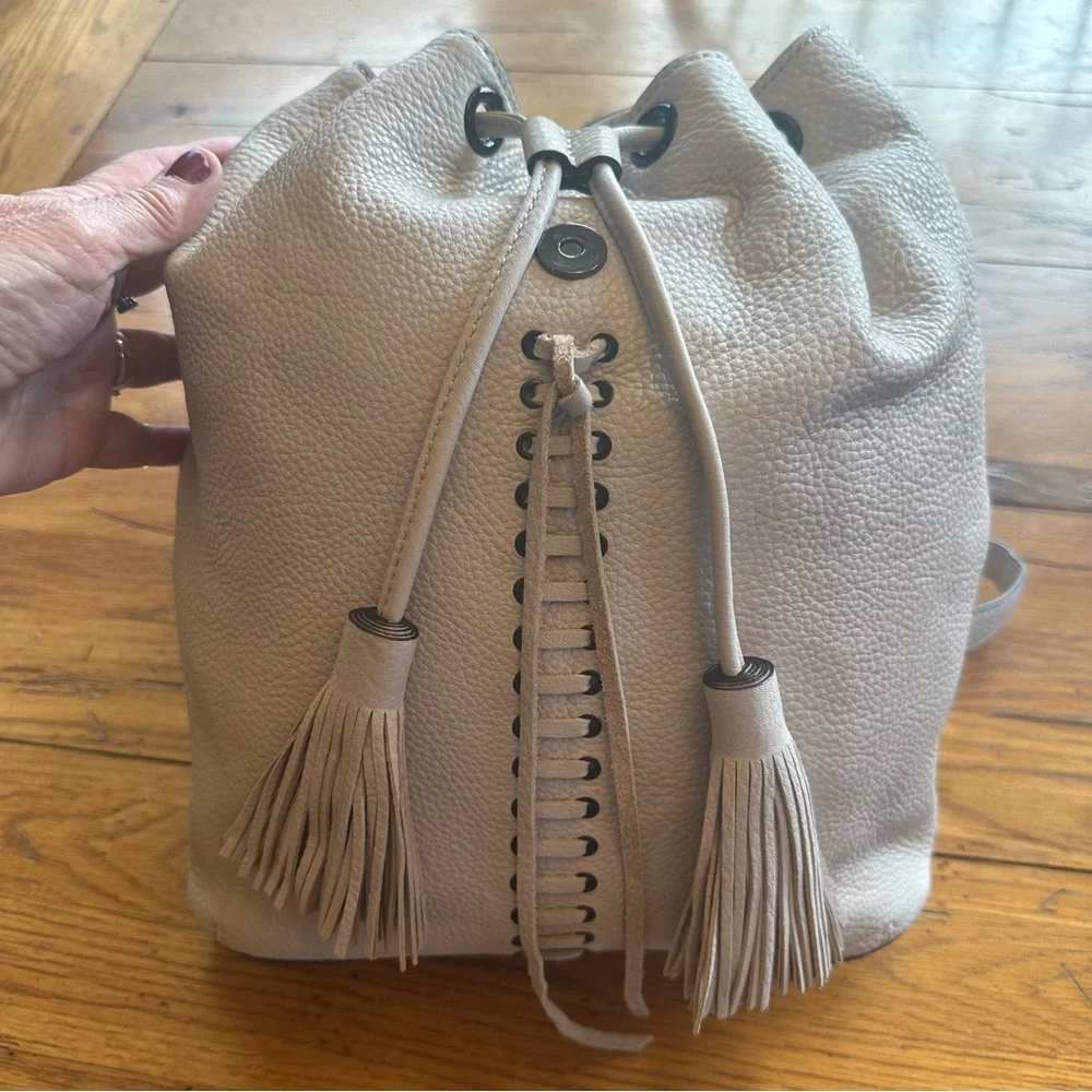 Rebecca Minkoff Cream Pebbled Leather Backpack with Lace Up and Tassel Detail